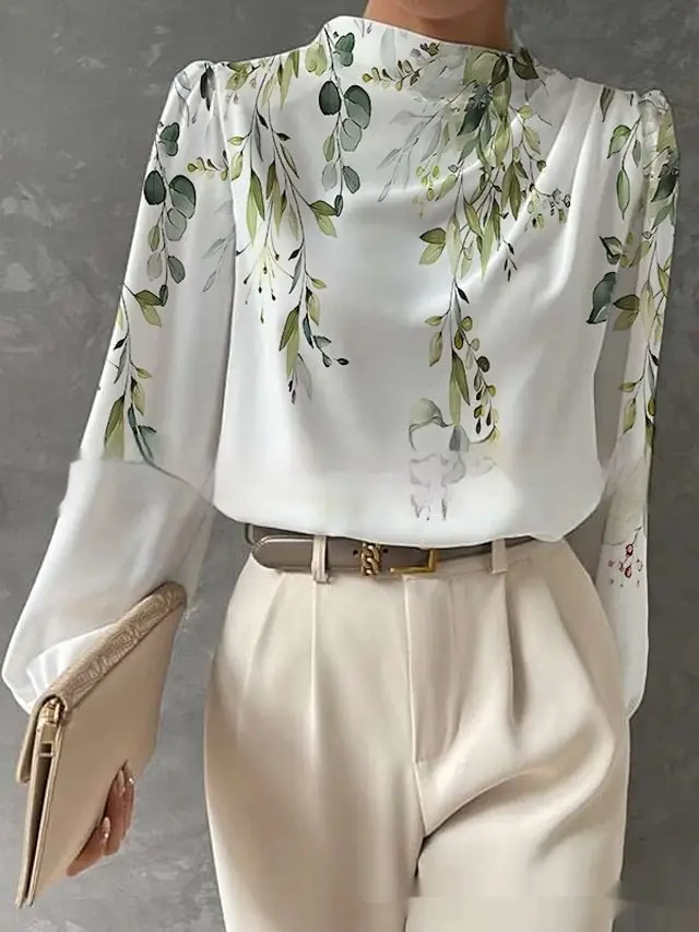 Half Turtleneck Lantern Sleeve Printed Top No 2 Color - Shop at LoveMi