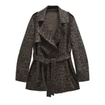 Women's Leopard Print Lapel Closing Belt Long Sleeve Coat - Brown