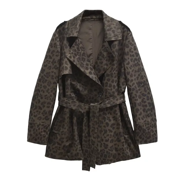 Women's Leopard Print Lapel Closing Belt Long Sleeve Coat Dark Brown - Shop at LoveMi