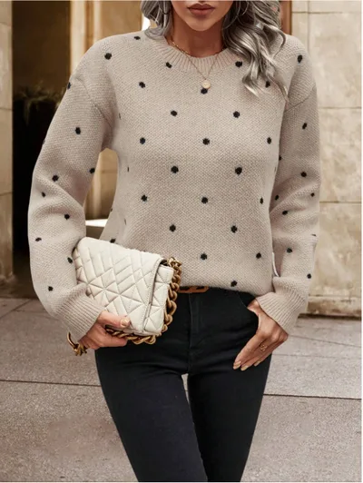 Ins Polka Dot Print Pullover Sweater Fashion Casual Long sleeved Jacquard Knitted Top Winter Round Neck Clothing For Women Khaki - Shop at LoveMi