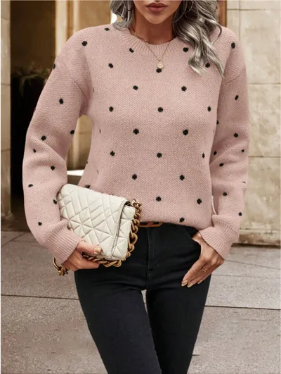 Ins Polka Dot Print Pullover Sweater Fashion Casual Long sleeved Jacquard Knitted Top Winter Round Neck Clothing For Women Pink - Shop at LoveMi