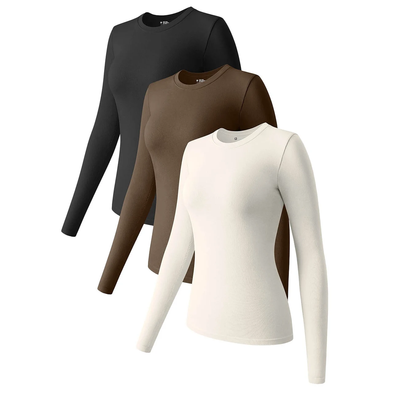 Long Sleeve Top Round Neck Elastic Base - Black Coffee Beige