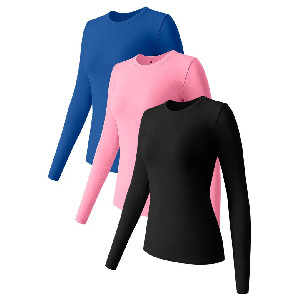 Long Sleeve Top Round Neck Elastic Base - Dark Blue Pink Black