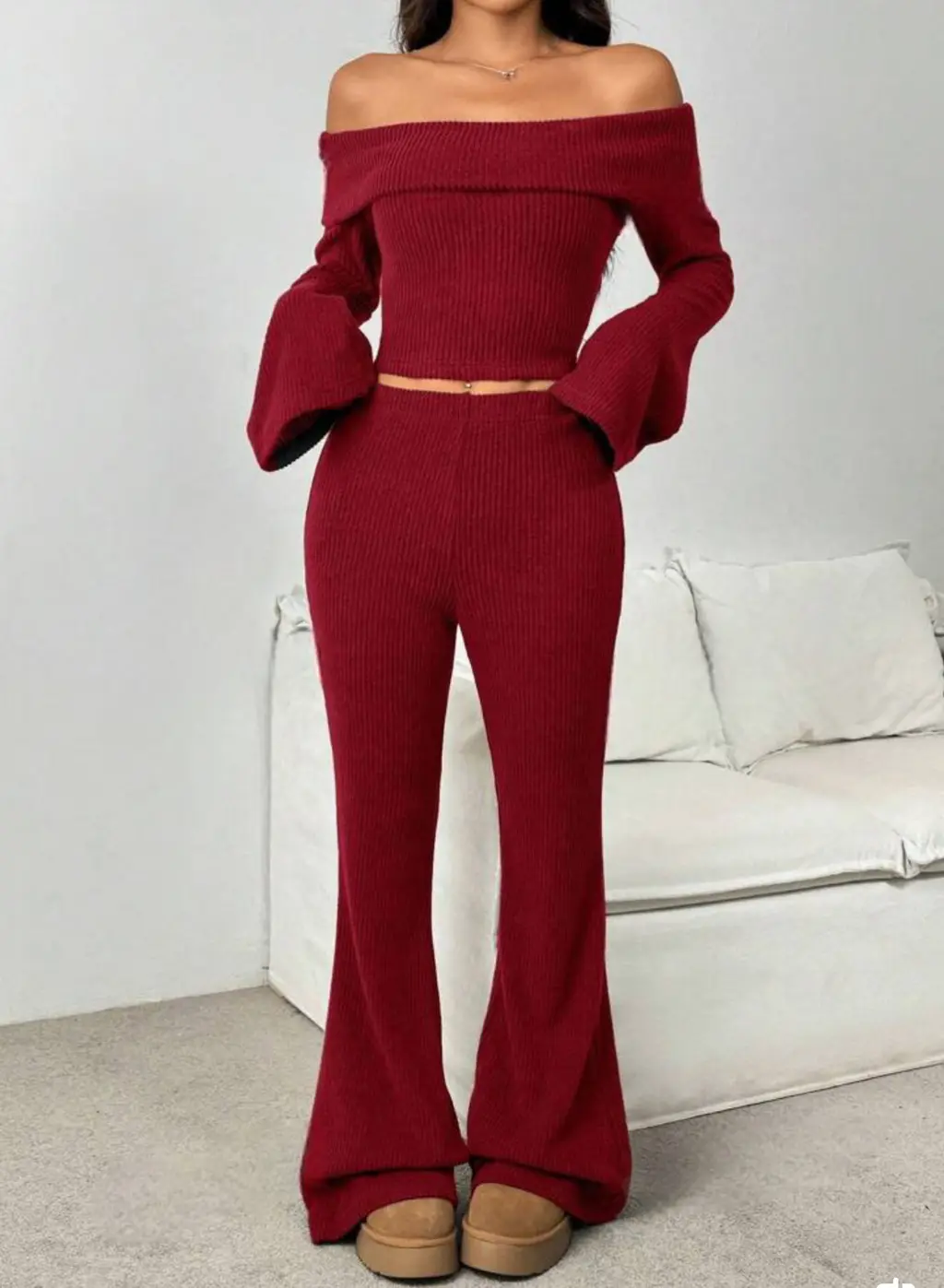 Off-neck Skinny Long-sleeved Trousers Knitting Suit - Dark Red