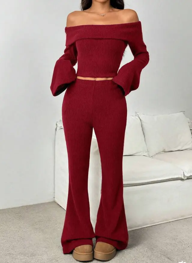 Off neck Skinny Long sleeved Trousers Knitting Suit Dark Red - Shop at LoveMi
