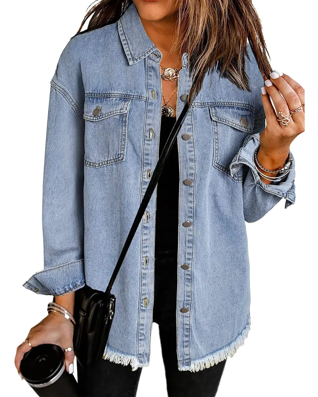 Fashion Denim Jacket Women's Button Shirt - Light Blue