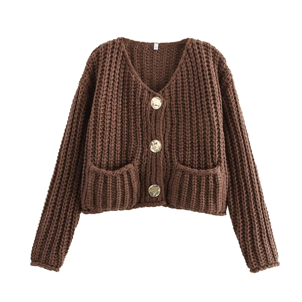 Women's Single breasted Double Pocket Short Coat Dark Brown - Shop at LoveMi