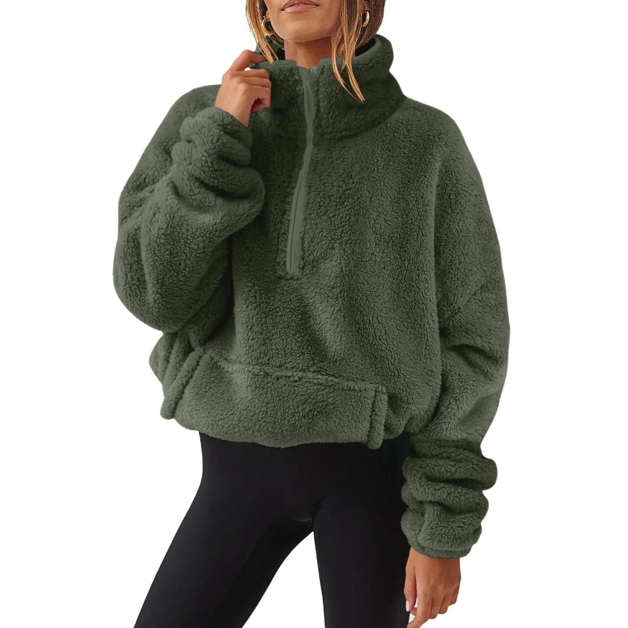 European And American Velvet Fleece-lined Women's Half Zipped Stand Collar Sweater - Army Green