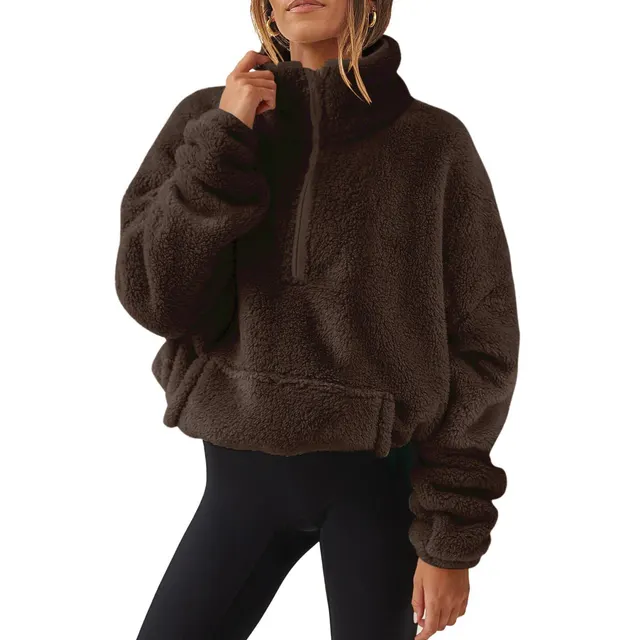 European And American Velvet Fleece lined Women's Half Zipped Stand Collar Sweater Brown - Shop at LoveMi