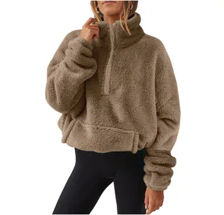 European And American Velvet Fleece-lined Women's Half Zipped Stand Collar Sweater - Caramel Color
