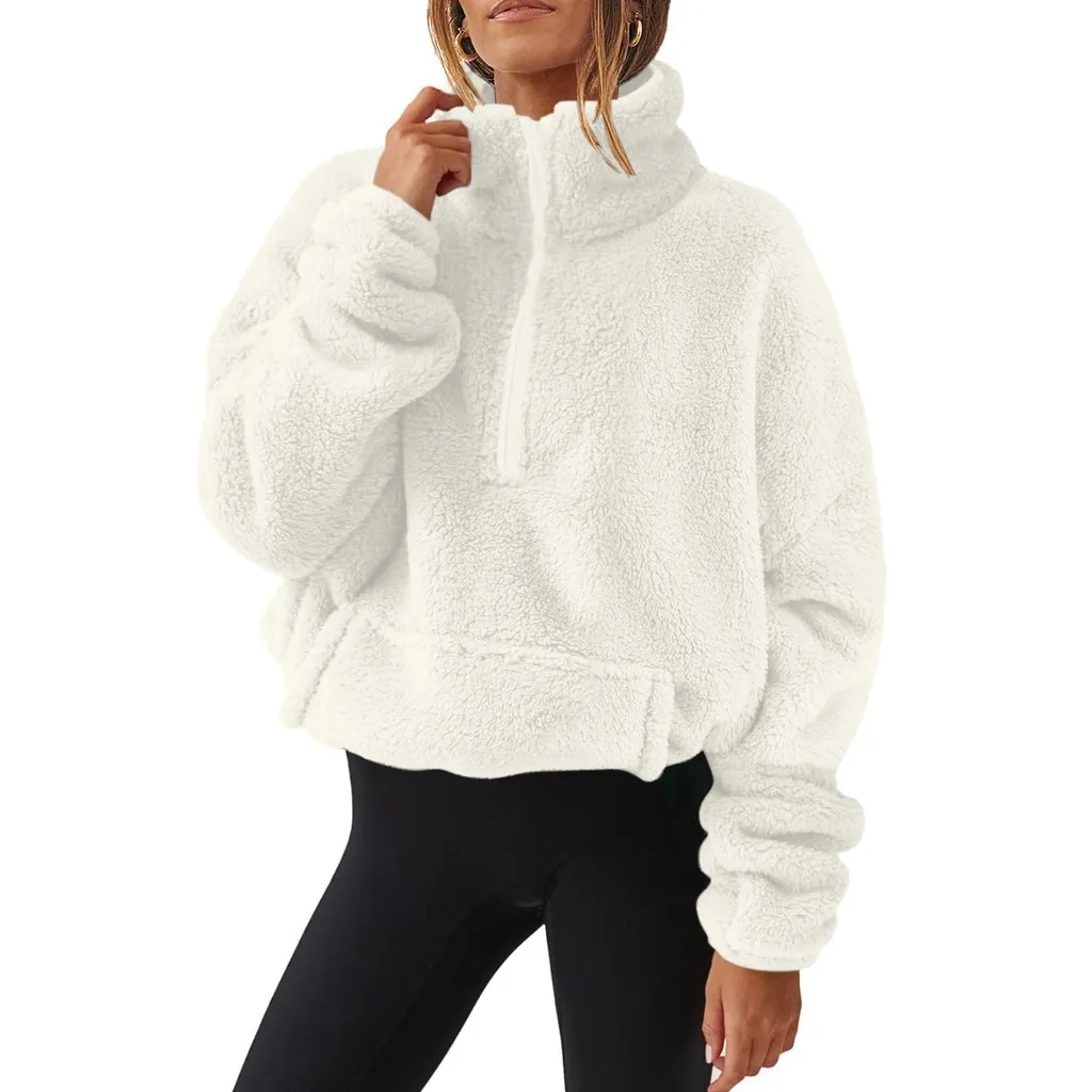European And American Velvet Fleece-lined Women's Half Zipped Stand Collar Sweater - White