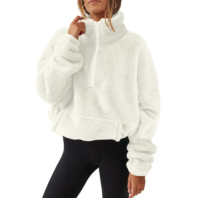 European And American Velvet Fleece lined Women's Half Zipped Stand Collar Sweater White - Shop at LoveMi