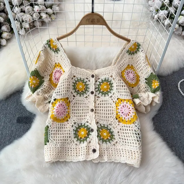 Hollow Knitted Jacquard Temperament Square Collar Top Apricot Bottom Yellow Flower - Shop at LoveMi