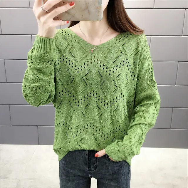 V neck Loose Hollow out Pullover Knitwear Batwing Sleeve Thin Sweater Light Green - Shop at LoveMi