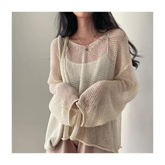 Loose Long Sleeve Hollow Thin Knitted Smock Top Apricot - Shop at LoveMi