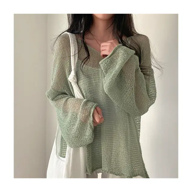 Loose Long Sleeve Hollow Thin Knitted Smock Top Green - Shop at LoveMi