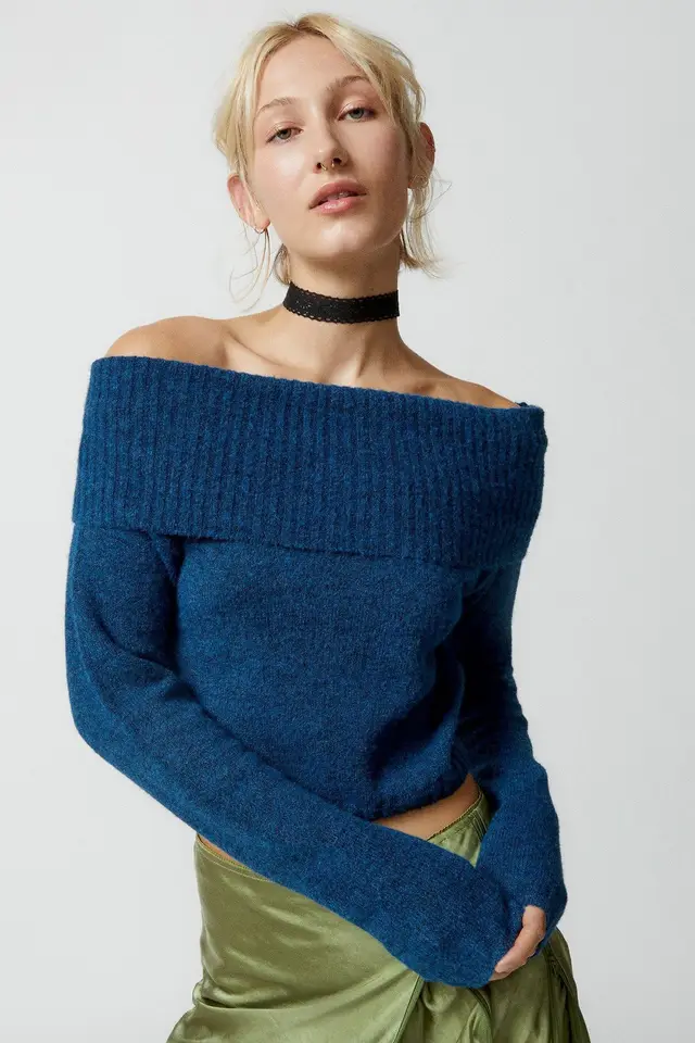 Women's Top Solid Color Off the neck Lapel Blue - Shop at LoveMi