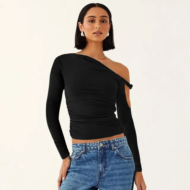 Diagonal Collar Pleated Asymmetric Long sleeved Top For Women Black - Shop at LoveMi