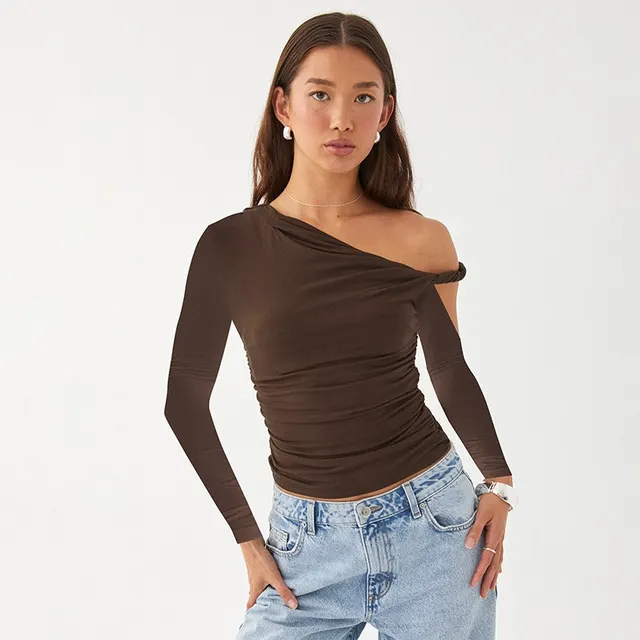 Diagonal Collar Pleated Asymmetric Long sleeved Top For Women Brown - Shop at LoveMi