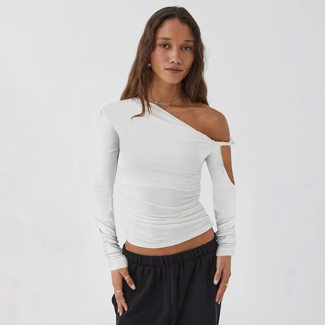 Diagonal Collar Pleated Asymmetric Long sleeved Top For Women White - Shop at LoveMi