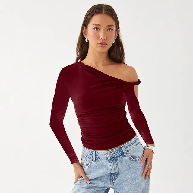 Diagonal Collar Pleated Asymmetric Long sleeved Top For Women Wine Red - Shop at LoveMi