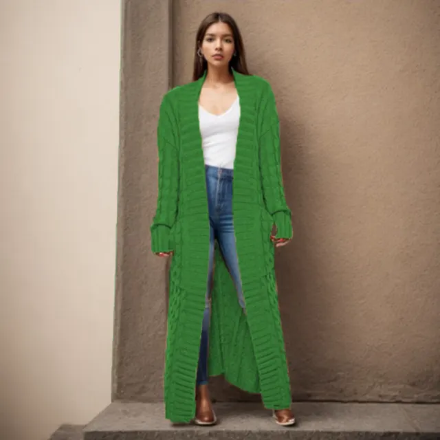 Women's Long Cable knit Sweater Coat With Pockets Green - Shop at LoveMi