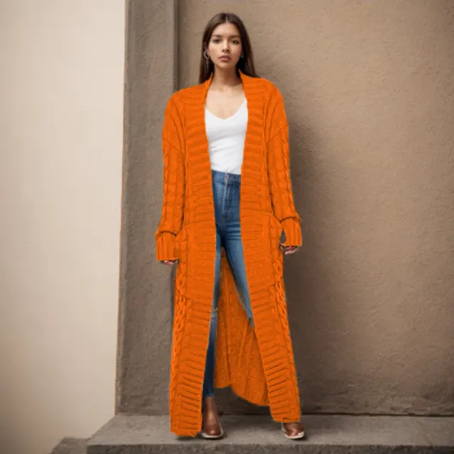Women's Long Cable knit Sweater Coat With Pockets Orange Red - Shop at LoveMi