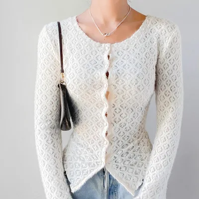 Fashion Slim Jacquard Lace Long Sleeve Cardigan Top White - Shop at LoveMi