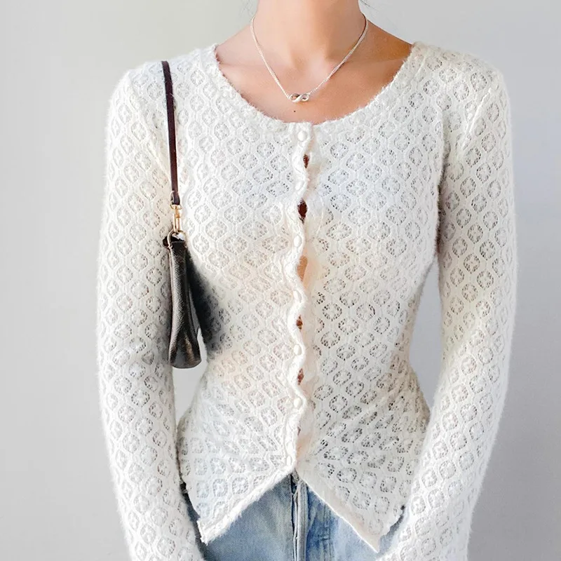 Fashion Slim Jacquard Lace Long Sleeve Cardigan Top - White - View 1