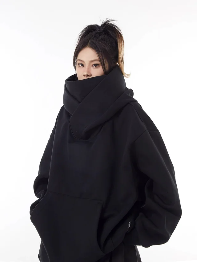 Loose High Collar Hooded Fleece Lined Sweater Black - Shop at LoveMi