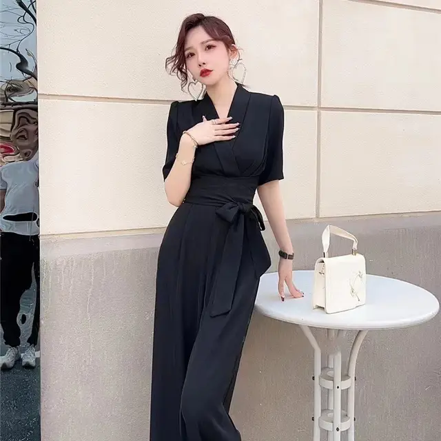 Elegant Temperament Pure Color High Waist Slimming Lace up Wide Leg Jumpsuit Black - Shop at LoveMi