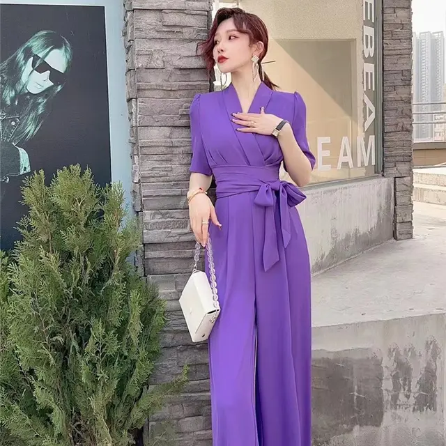 Elegant Temperament Pure Color High Waist Slimming Lace up Wide Leg Jumpsuit Purple - Shop at LoveMi