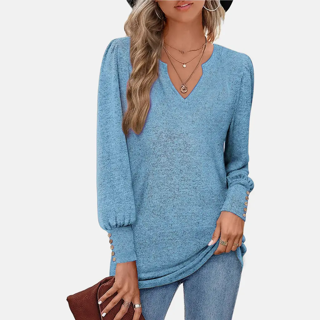 Women's Sweater Solid Colour And V-neck Casual Waist Puff Sleeve Button Long Sleeve Top - Blue