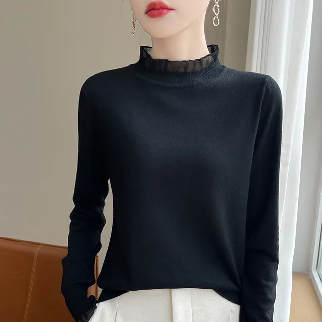 Solid Color Stringy Selvedge Loose Bottoming Shirt Top Half High Collar Black - Shop at LoveMi
