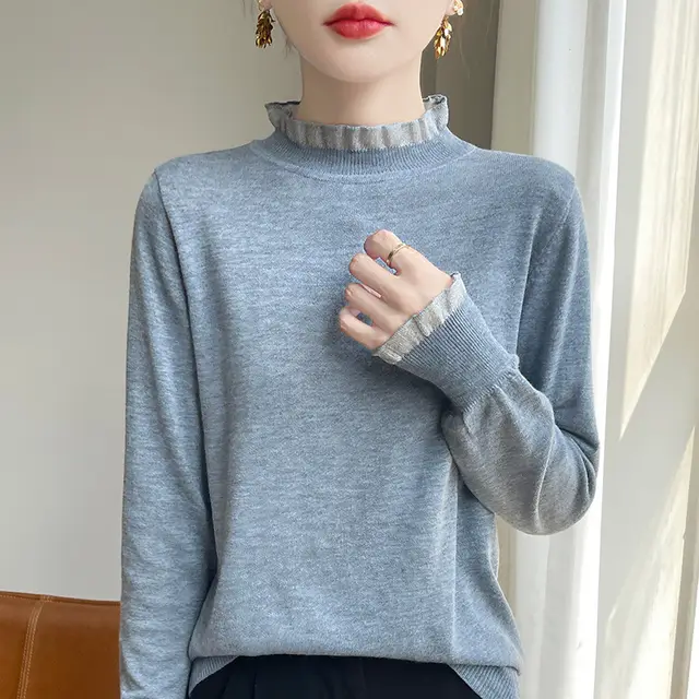 Solid Color Stringy Selvedge Loose Bottoming Shirt Top Half High Collar Gray - Shop at LoveMi