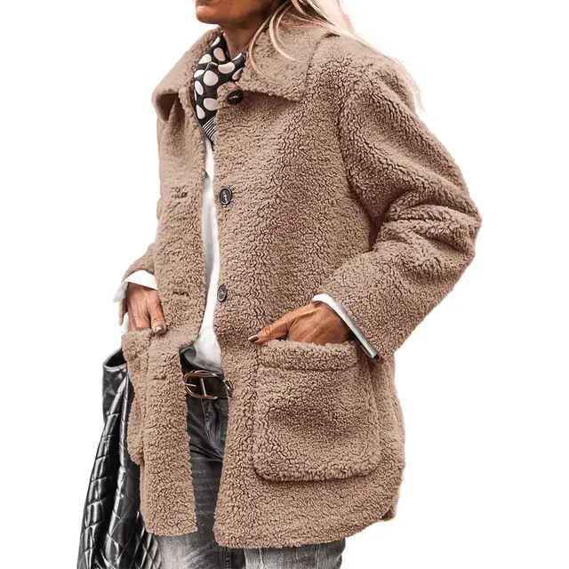 Women's Button Casual Plush Coat Khaki - Shop at LoveMi