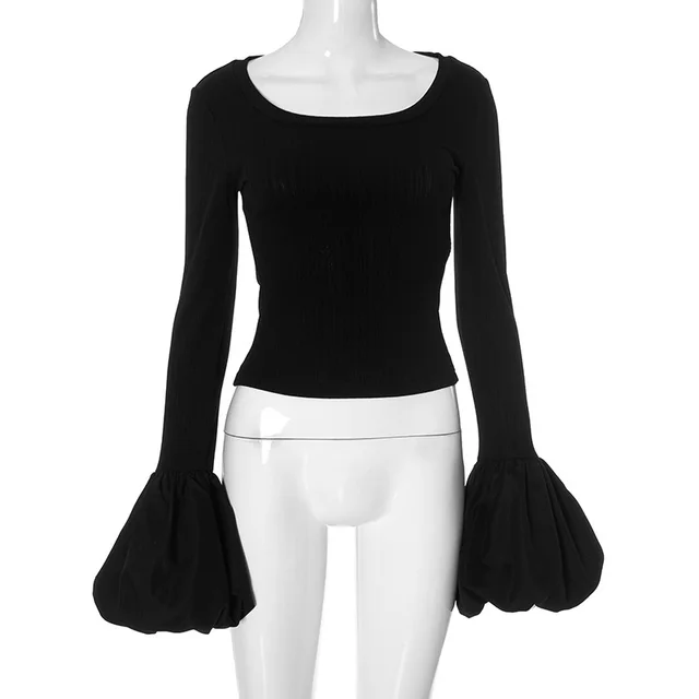 Women's Clothing Scoop Slim fitting Patchwork Puff Sleeve Top Black - Shop at LoveMi