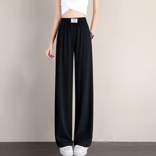 High Waist Casual Acetate Straight Drooping Wide Leg Pants Black Silk Ice Silk - Shop at LoveMi
