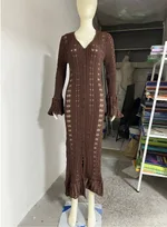 French Hollow Bell Sleeve Woolen Cardigan - Coffee