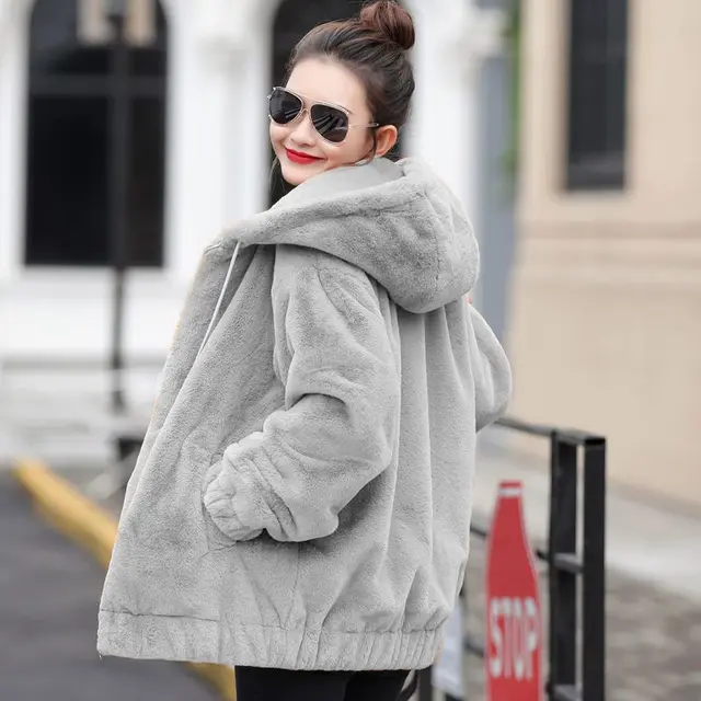 Flannel Hooded Coat Women's Mid length Winter Gray - Shop at LoveMi