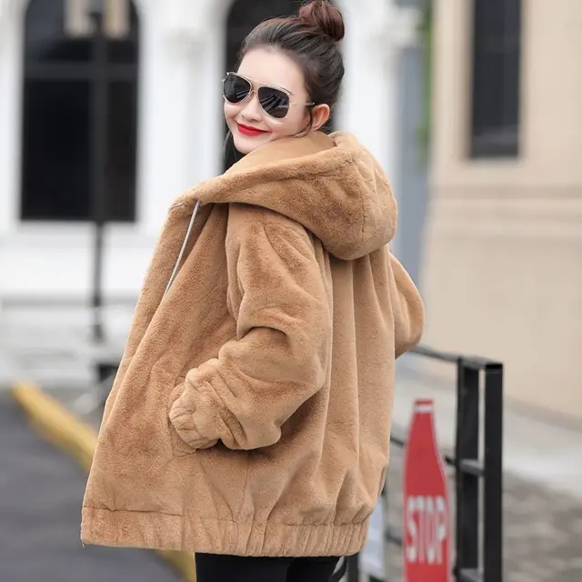 Flannel Hooded Coat Women's Mid length Winter Khaki - Shop at LoveMi