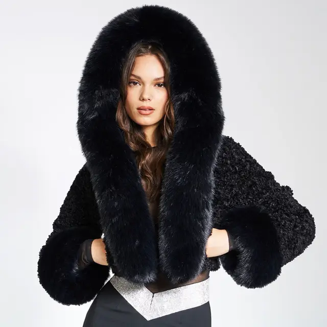 Short Rabbit Fur Collar Woolen Coat Black - Shop at LoveMi