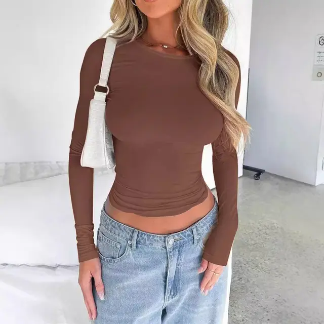 Solid Color Slim Fit Round Neck Short Long sleeved T shirt Brown - Shop at LoveMi
