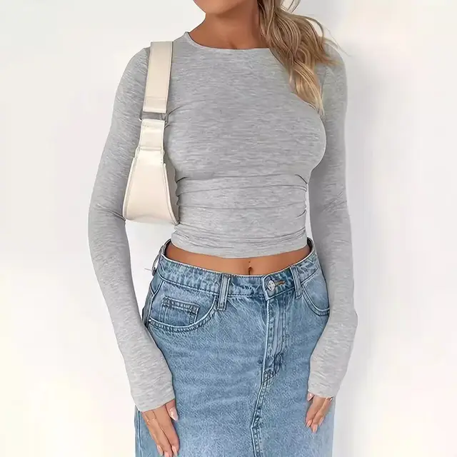 Solid Color Slim Fit Round Neck Short Long sleeved T shirt Light Gray - Shop at LoveMi