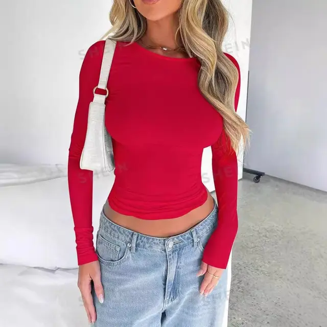 Solid Color Slim Fit Round Neck Short Long sleeved T shirt Red - Shop at LoveMi