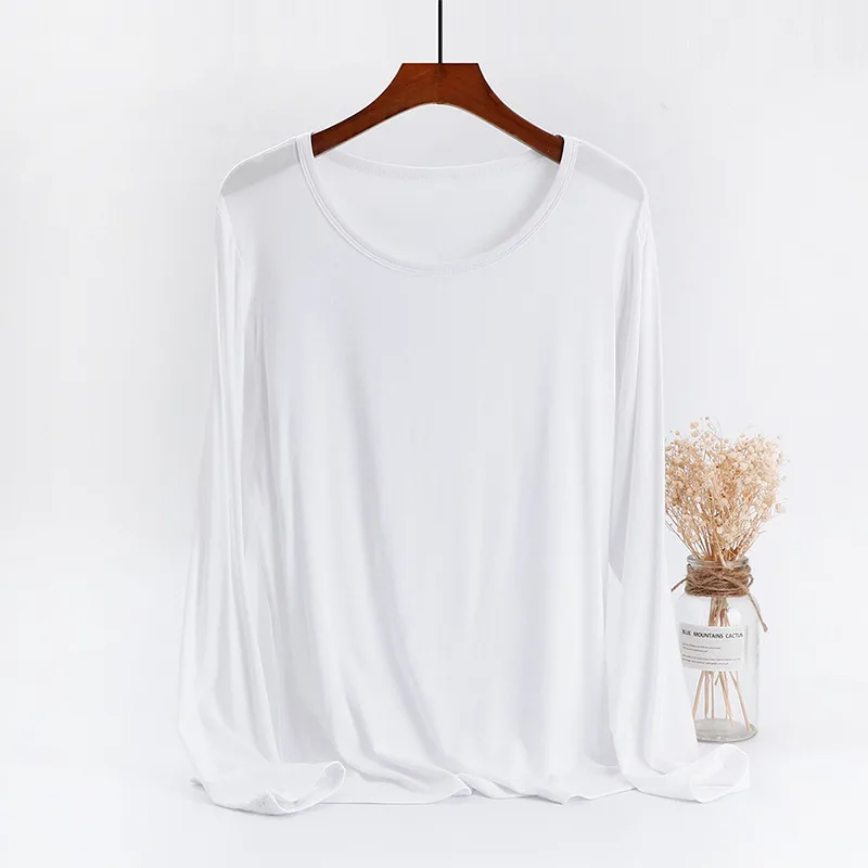 Women's Plus Size Modal Long-sleeved T-shirt - White Top
