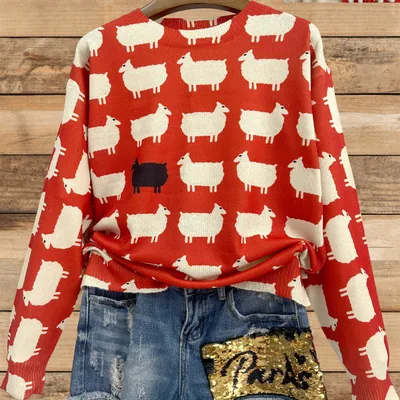 Women's Autumn Long Sleeve Knitted Loose Top Floral 3 - Shop at LoveMi