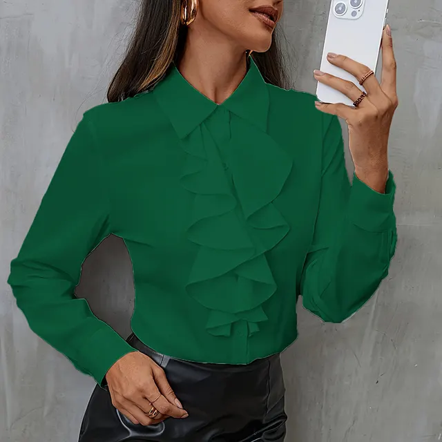 New Loose Chiffon Shirt Women Ruffles Green - Shop at LoveMi