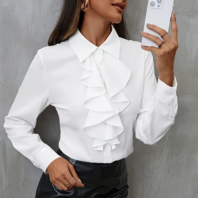 New Loose Chiffon Shirt Women Ruffles White - Shop at LoveMi