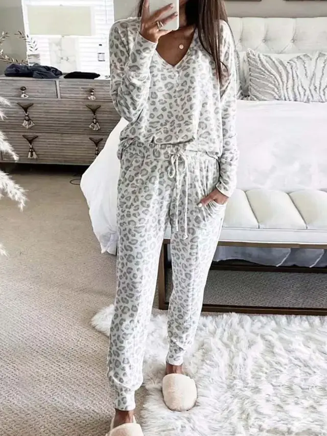 Top And Trousers Homewear Leopard Suit Granny Grey - Shop at LoveMi